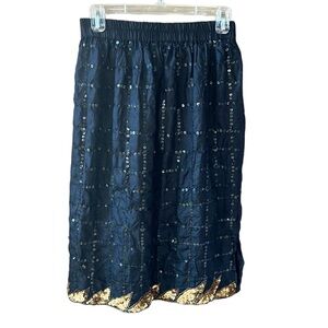 Tina Vintage 100% Silk Black Midi Skirt. Window Pane Sequin and Flame Hem sz L